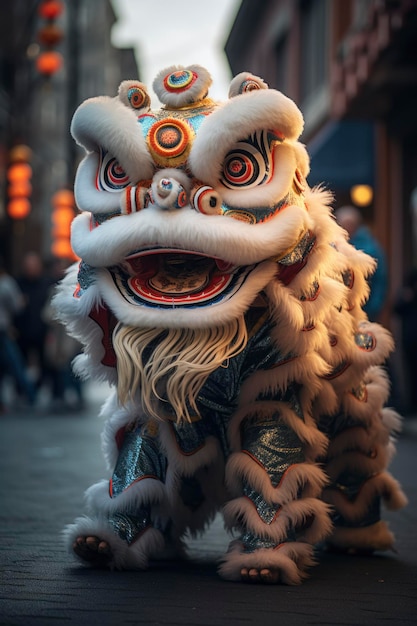 Une photo d'un lion chinois dansant dans la rue