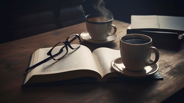 Une photo d'un livre ouvert avec des lunettes et une tasse de café