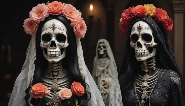 Photo photo de la llorona et de la santa muerte avec le crâne orné de fleurs