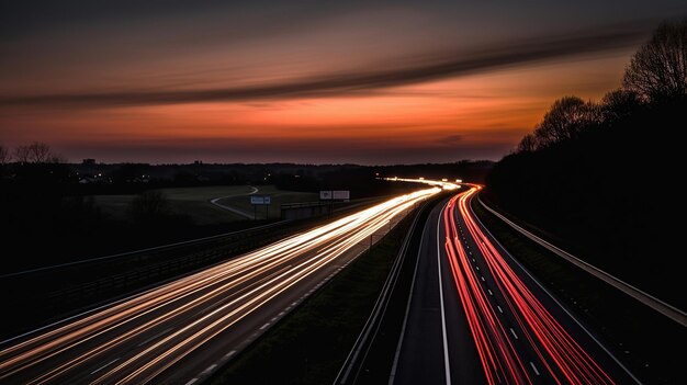 Photo à longue exposition de la circulation en mouvement au crépuscule sur l'autoroute