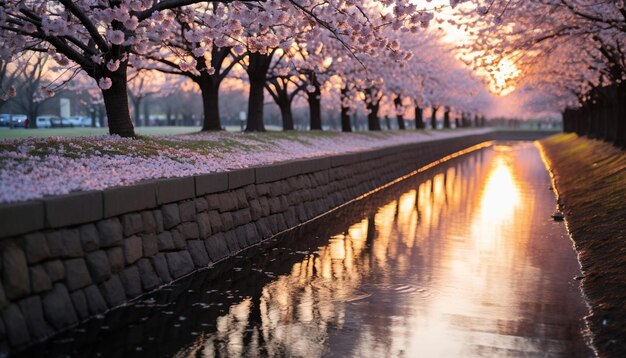 Une photo à longue exposition de fleurs de cerisier se balançant doucement dans la brise au coucher du soleil