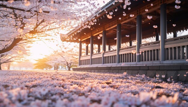 Une photo à longue exposition de fleurs de cerisier se balançant doucement dans la brise au coucher du soleil