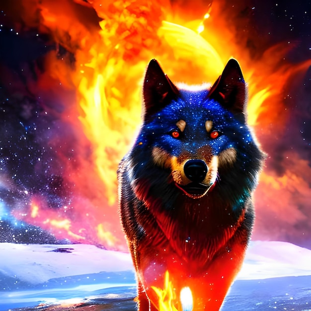 Une photo d'un loup avec une boule de feu en arrière-plan.