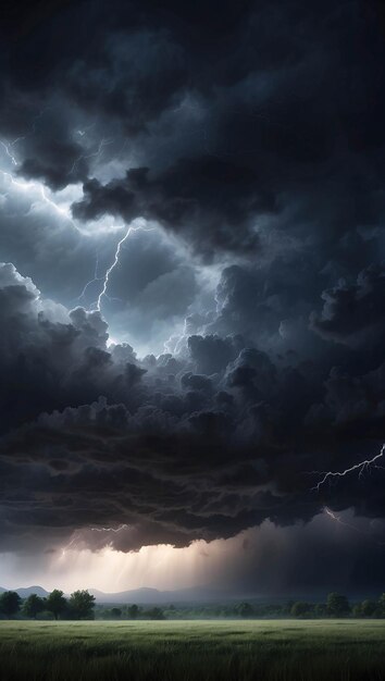 Photo d'un lourd nuage de pluie sombre dans le ciel avec des tonnerres et des éclairs qui font tomber des tornades sur un champ