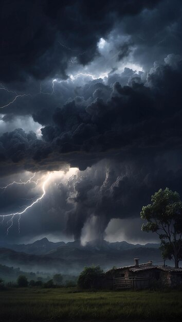 Photo d'un lourd nuage de pluie sombre dans le ciel avec des tonnerres et des éclairs qui font tomber des tornades sur un champ