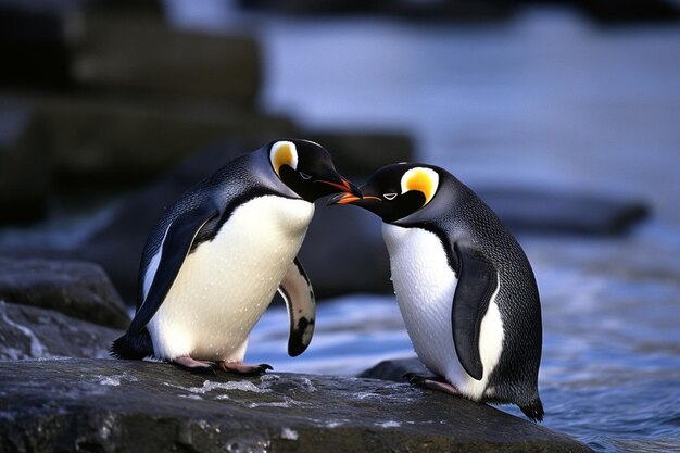 Une photo ludique de pingouins en interaction les uns avec les autres