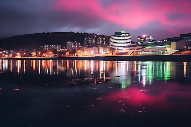 Photo des lumières nocturnes urbaines spectaculaires réfléchies dans t