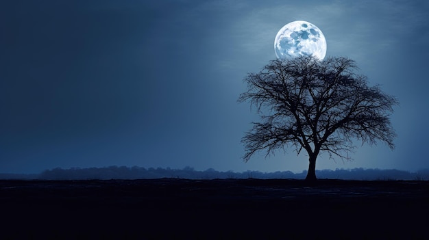 Photo une photo d'une lune pleine dans la silhouette du ciel nocturne d'un arbre solitaire