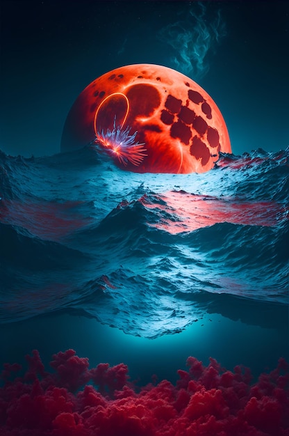 Une photo d'une lune rouge hypnotisante reflétée sur des eaux calmes