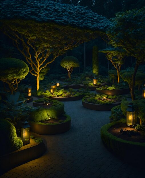 Une photo d'un luxueux jardin nocturne éclairé par des lumières élégantes