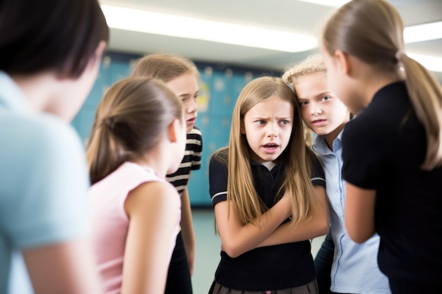 Une photo d'une lycéenne intimidée par ses camarades de classe créée avec l'IA générative