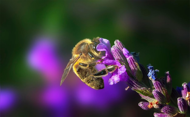 Photo macro Une abeille sur une fleur de lavande recueille le nectar Arrière-plan flou lumineux Mise au point sélective