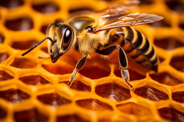 Une photo macro d'une abeille sur un nid d'abeille
