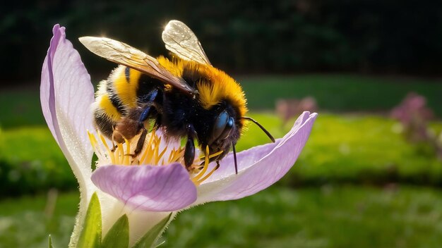 Une photo macro d'un bourdon sur une fleur violette