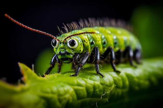 Photo de Macro d'une chenille sur une feuille verte avec i