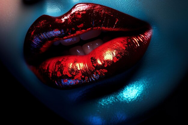 Une photo macro d'une femme aux lèvres et aux ongles peints en couleurs vives