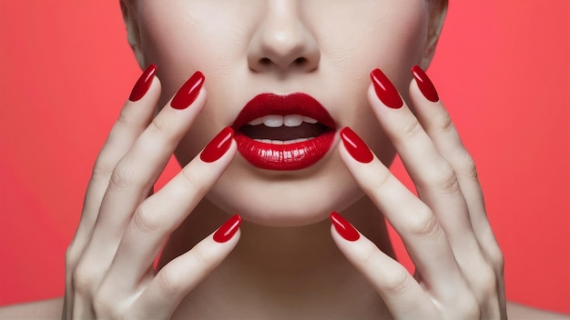 Photo macro d'une femme avec des ongles rouges à la mode et des lèvres sensuelles
