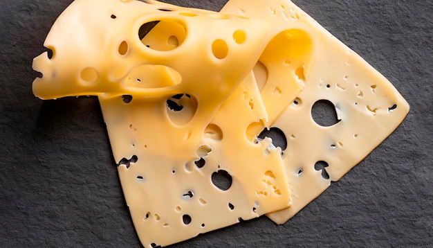 Photo macro d'un fromage tranché avec des trous sur la surface de la pierre vue de haut