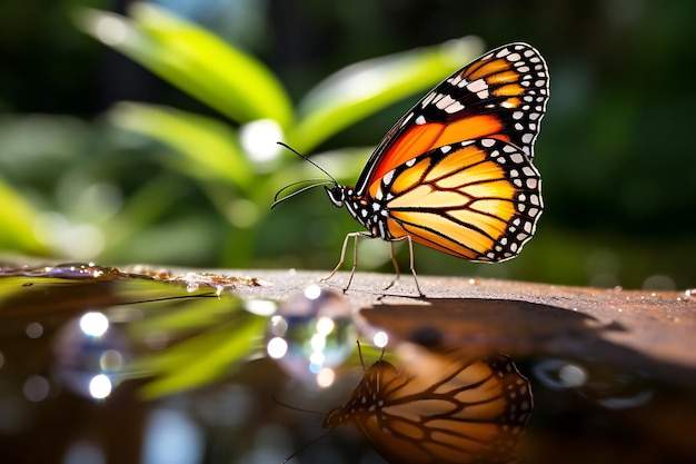 Photo macro d'une goutte d'eau sur un projet de papillon