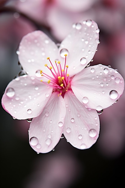 Une photo macro d'une goutte d'eau suspendue sur un pétale de cerisier en fleurs