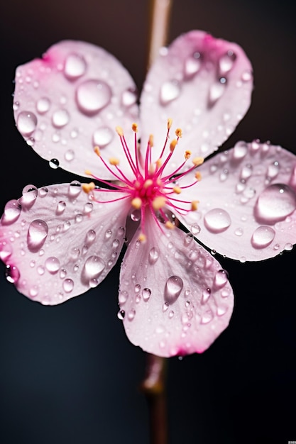 Une photo macro d'une goutte d'eau suspendue sur un pétale de cerisier en fleurs