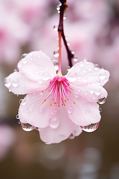 Photo une photo macro d'une goutte d'eau suspendue sur un pétale de cerisier en fleurs