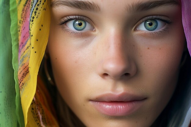 Une photo macro en gros plan du visage d'une femme avec un maquillage à motif arc-en-ciel coloré