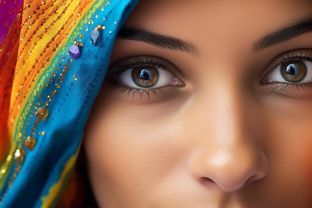 Une photo macro en gros plan du visage d'une femme avec un maquillage à motif arc-en-ciel coloré