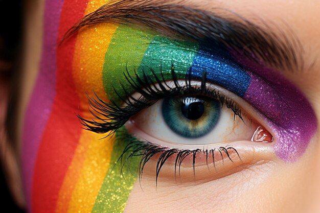 Une photo macro en gros plan du visage d'une femme avec un maquillage à motif arc-en-ciel coloré