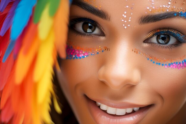 Une photo macro en gros plan du visage d'une femme avec un maquillage à motif arc-en-ciel coloré