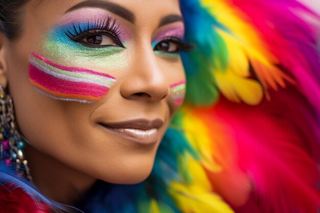 Une photo macro en gros plan du visage d'une femme avec un maquillage à motif arc-en-ciel coloré