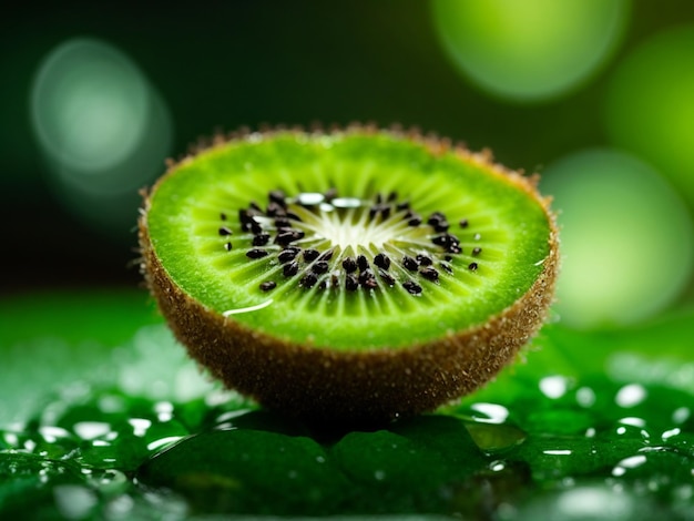 Une photo macro d'un kiwi montrant la graine noire