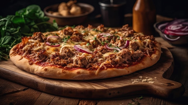 Photo Macro Pizza Amateurs De Viande Sur Pierre Pub Rustique Generative AI