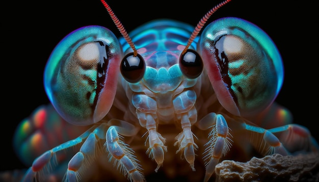 Photo macro de portrait de crevette mante bioluminescente mignonne