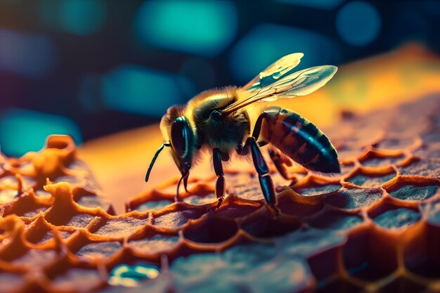 Photo macro d'une ruche d'abeilles sur un nid d'abeilles avec fond Les abeilles produisent du miel frais et sain Apiculture Concept 3D Abeille au coucher du soleil Beau fond ou fond d'écran Ai générative