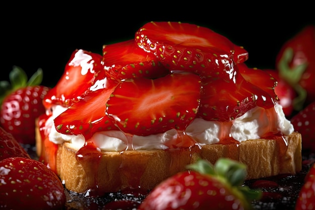 Photo macro de toast aux fraises d'un petit-déjeuner frais avec du miel dégoulinant généré par l'IA