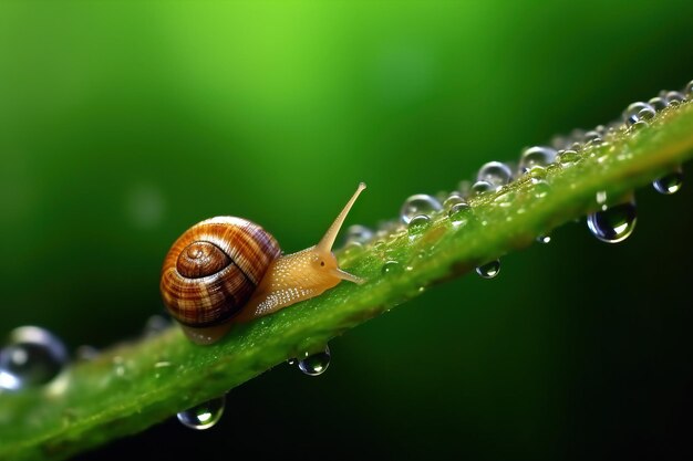 Photo macro ultra réaliste d'escargot avec coquille de reine et deux antennes sur pierre verte moussue