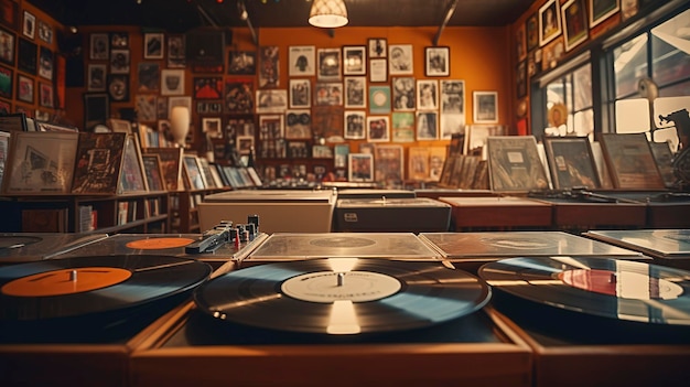 Une photo d'un magasin de disques vintage avec des disques vinyles