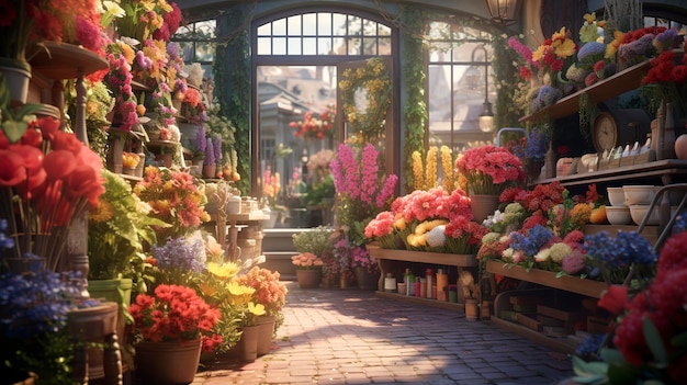 Une photo d'un magasin de fleurs animé