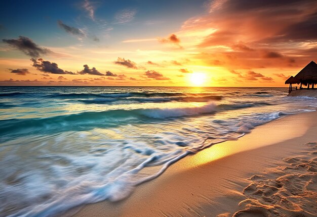 Photo photo d'un magnifique coucher de soleil en soirée sur la plage avec les palmiers à noix de coco et le sable