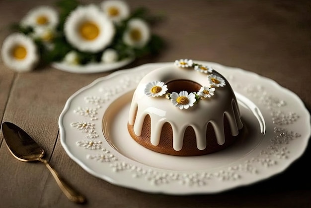 photo d'un magnifique gâteau en anneau sur une assiette blanche avec une fleur blanche à côté