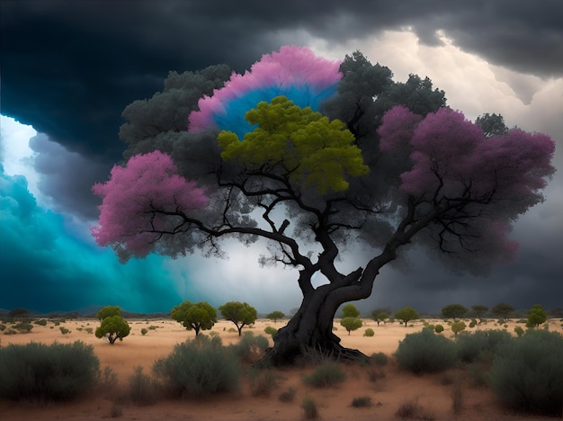 Photo d'un magnifique paysage avec un arbre solitaire se dressant fièrement au milieu d'un vaste champ