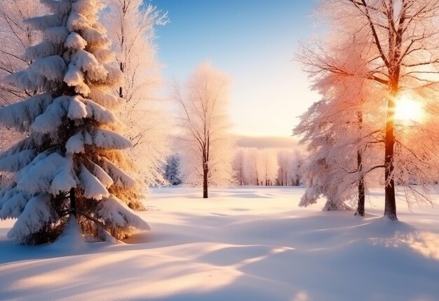 Photo photo d'un magnifique paysage hivernal avec du soleil et des montagnes enneigées sur fond de paysage naturel