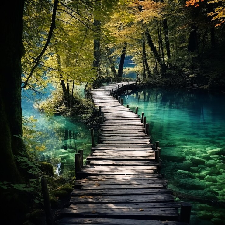 Photo photo d'un magnifique sentier en bois dans le lac de plitvice, en croatie, qui invite à l'exploration