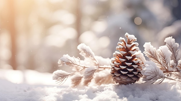 Une photo de magnifiques flocons de neige sur fond de forêt enneigée de pomme de pin