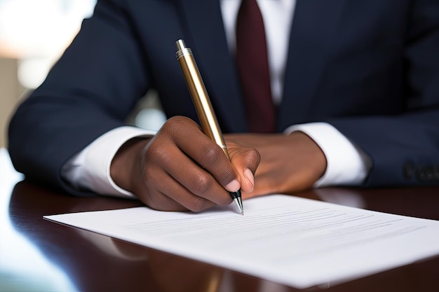 Photo d'une main d'un homme d'affaires afro-américain signant des documents Il est assis dans le bureau le soir et signe le document