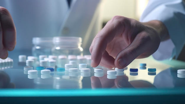 Une photo d'une main de pharmacien avec un compteur de pilules