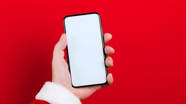 Photo de la main tenant un smartphone contre la maquette de Noël sur fond rouge