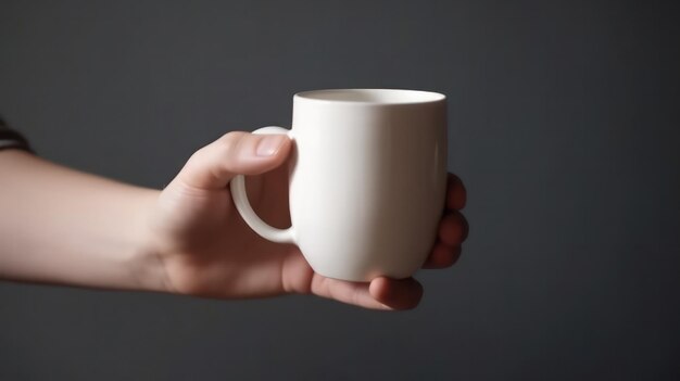 une photo d'une main tenant une tasse simulée sur fond gris doux avec espace de copie