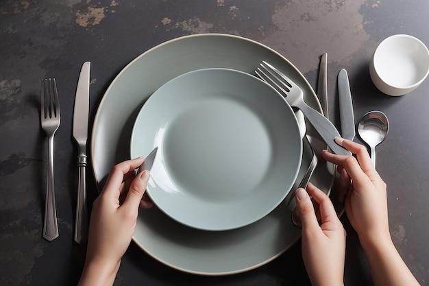 Photo mains féminines avec couverts et assiette vide